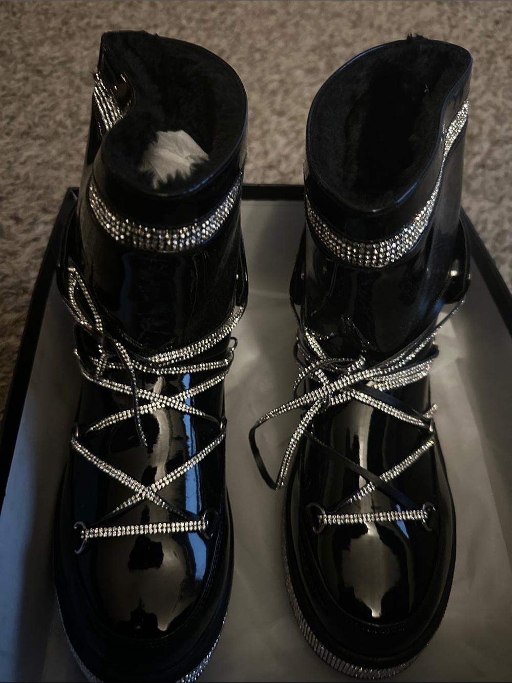 Azalea Wang Shiny Black Patent Faux-Fur Lined Ankle Boots with Crystal Trim
